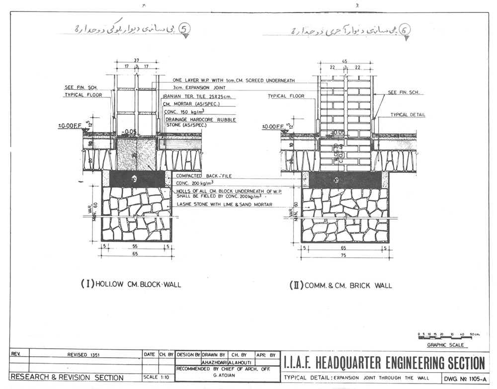 نقشه جزئیّات پی سازی ساختمانهای یک یا دو طبقه برای دیوار های داخلی با بلوک سیمانی. و زیر سازی سنگی.